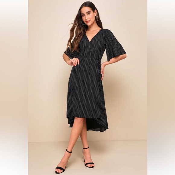 Lulu's Farah Black Print Midi Wrap Dress - Picture 1 of 6